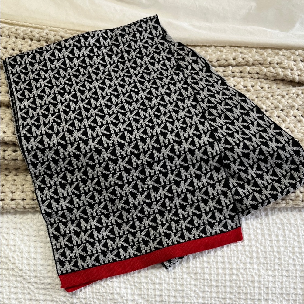Michael Kors Black and White Knit Scarf with Red Accent